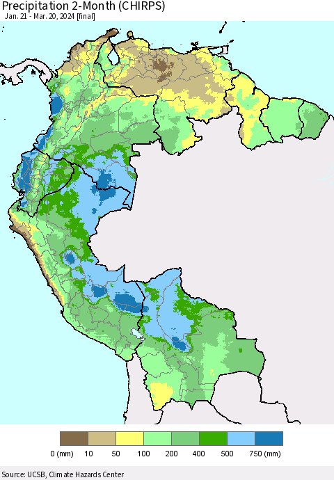 Northern South America Precipitation 2-Month (CHIRPS) Thematic Map For 1/21/2024 - 3/20/2024