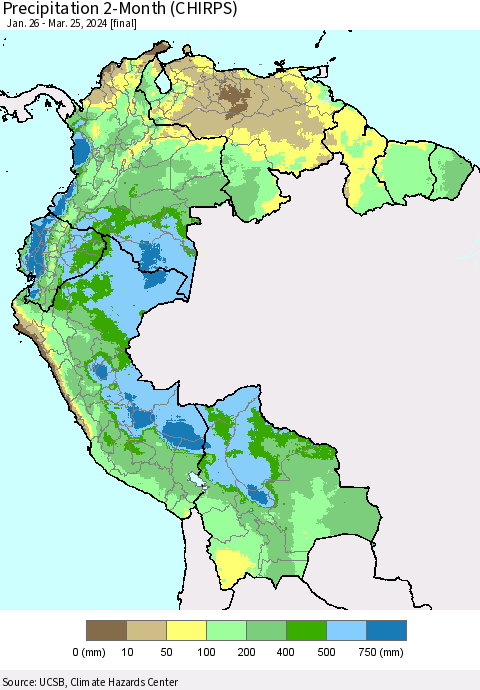 Northern South America Precipitation 2-Month (CHIRPS) Thematic Map For 1/26/2024 - 3/25/2024