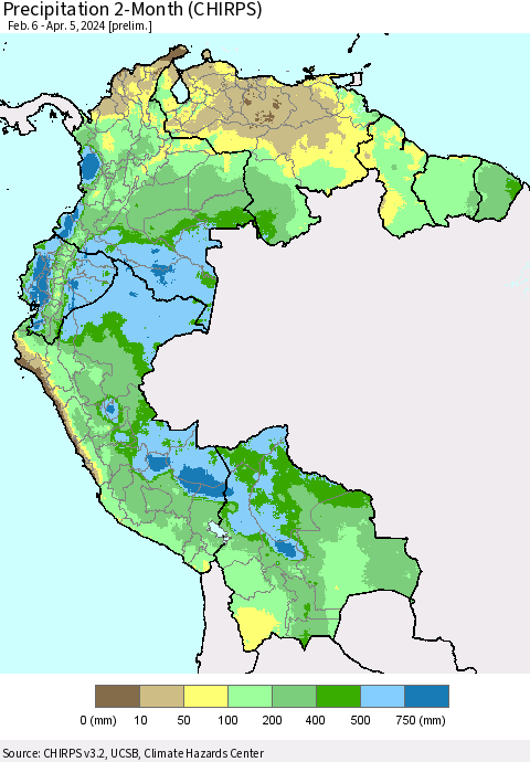 Northern South America Precipitation 2-Month (CHIRPS) Thematic Map For 2/6/2024 - 4/5/2024