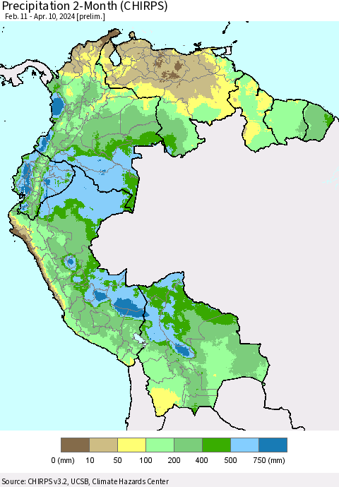 Northern South America Precipitation 2-Month (CHIRPS) Thematic Map For 2/11/2024 - 4/10/2024