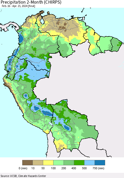 Northern South America Precipitation 2-Month (CHIRPS) Thematic Map For 2/16/2024 - 4/15/2024