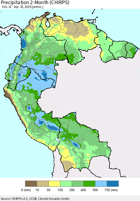 Northern South America Precipitation 2-Month (CHIRPS) Thematic Map For 2/21/2024 - 4/20/2024