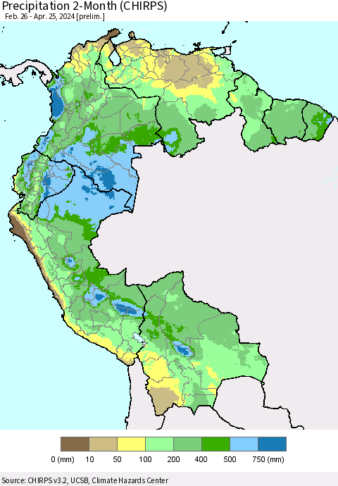 Northern South America Precipitation 2-Month (CHIRPS) Thematic Map For 2/26/2024 - 4/25/2024