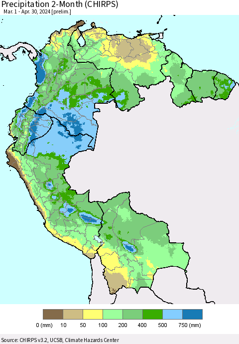 Northern South America Precipitation 2-Month (CHIRPS) Thematic Map For 3/1/2024 - 4/30/2024