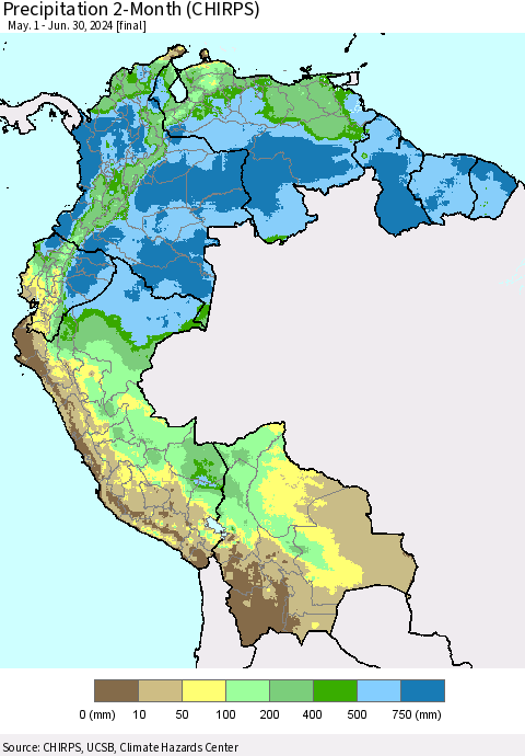 Northern South America Precipitation 2-Month (CHIRPS) Thematic Map For 5/1/2024 - 6/30/2024