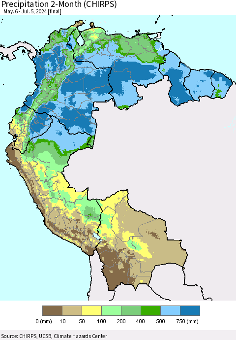Northern South America Precipitation 2-Month (CHIRPS) Thematic Map For 5/6/2024 - 7/5/2024