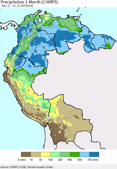 Northern South America Precipitation 2-Month (CHIRPS) Thematic Map For 5/11/2024 - 7/10/2024