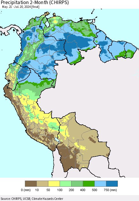 Northern South America Precipitation 2-Month (CHIRPS) Thematic Map For 5/21/2024 - 7/20/2024