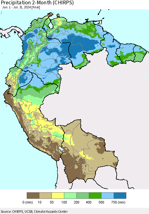 Northern South America Precipitation 2-Month (CHIRPS) Thematic Map For 6/1/2024 - 7/31/2024