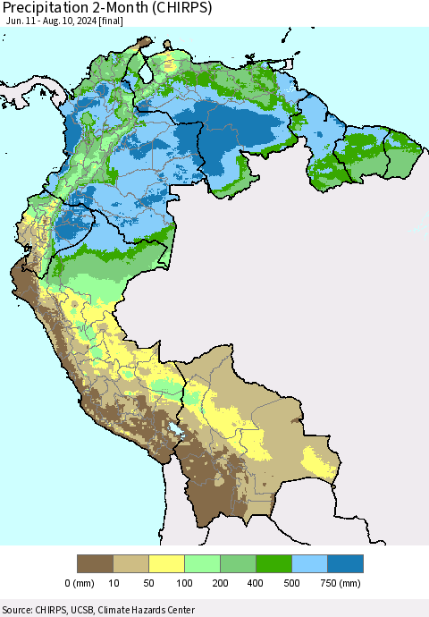 Northern South America Precipitation 2-Month (CHIRPS) Thematic Map For 6/11/2024 - 8/10/2024