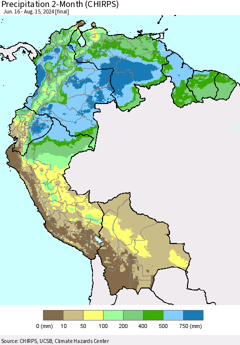 Northern South America Precipitation 2-Month (CHIRPS) Thematic Map For 6/16/2024 - 8/15/2024