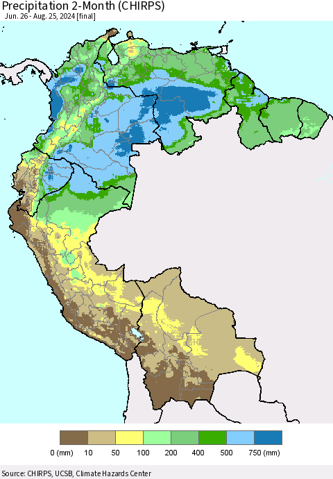 Northern South America Precipitation 2-Month (CHIRPS) Thematic Map For 6/26/2024 - 8/25/2024