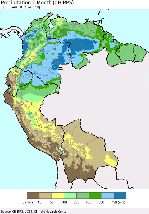 Northern South America Precipitation 2-Month (CHIRPS) Thematic Map For 7/1/2024 - 8/31/2024