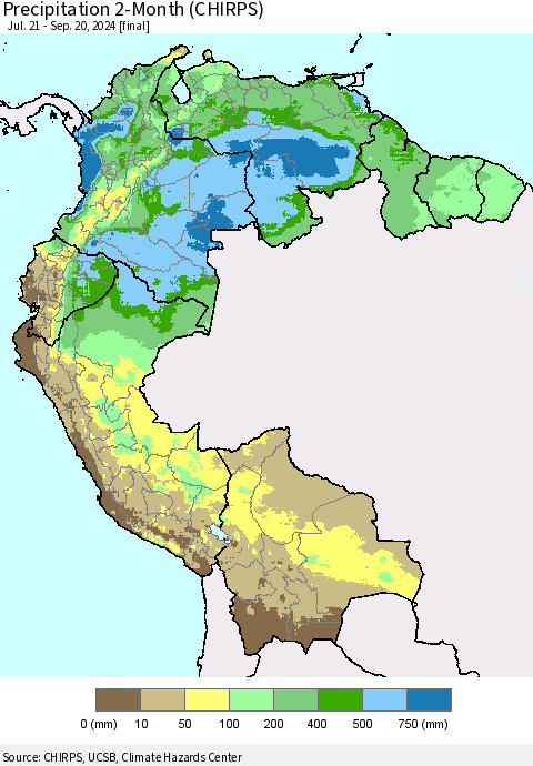 Northern South America Precipitation 2-Month (CHIRPS) Thematic Map For 7/21/2024 - 9/20/2024