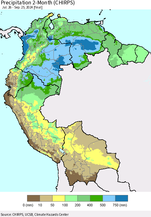 Northern South America Precipitation 2-Month (CHIRPS) Thematic Map For 7/26/2024 - 9/25/2024