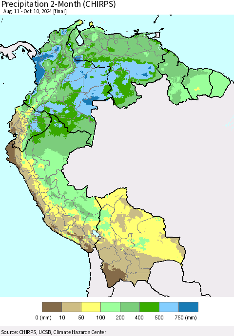 Northern South America Precipitation 2-Month (CHIRPS) Thematic Map For 8/11/2024 - 10/10/2024