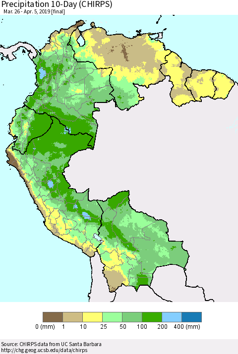 Northern South America Precipitation 10-Day (CHIRPS) Thematic Map For 3/26/2019 - 4/5/2019