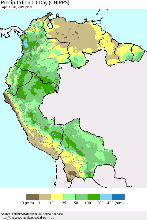 Northern South America Precipitation 10-Day (CHIRPS) Thematic Map For 4/1/2019 - 4/10/2019