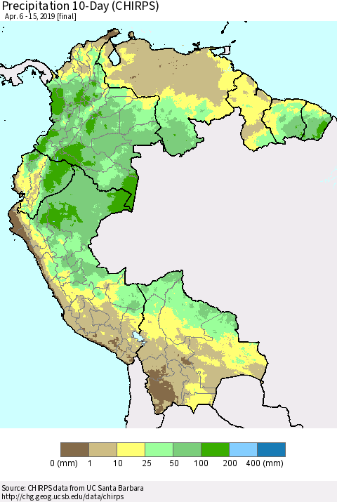 Northern South America Precipitation 10-Day (CHIRPS) Thematic Map For 4/6/2019 - 4/15/2019