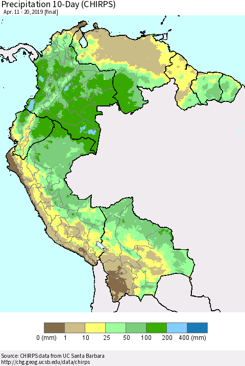 Northern South America Precipitation 10-Day (CHIRPS) Thematic Map For 4/11/2019 - 4/20/2019