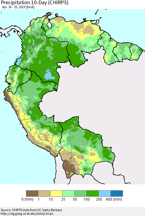 Northern South America Precipitation 10-Day (CHIRPS) Thematic Map For 4/16/2019 - 4/25/2019