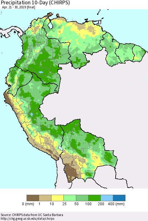 Northern South America Precipitation 10-Day (CHIRPS) Thematic Map For 4/21/2019 - 4/30/2019