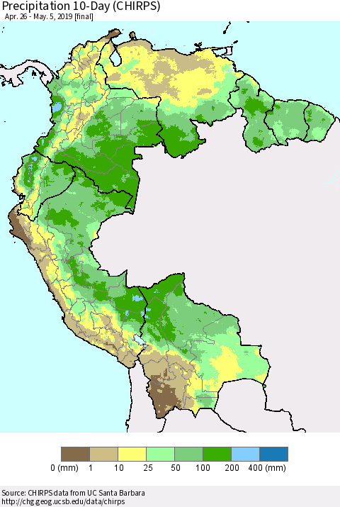 Northern South America Precipitation 10-Day (CHIRPS) Thematic Map For 4/26/2019 - 5/5/2019