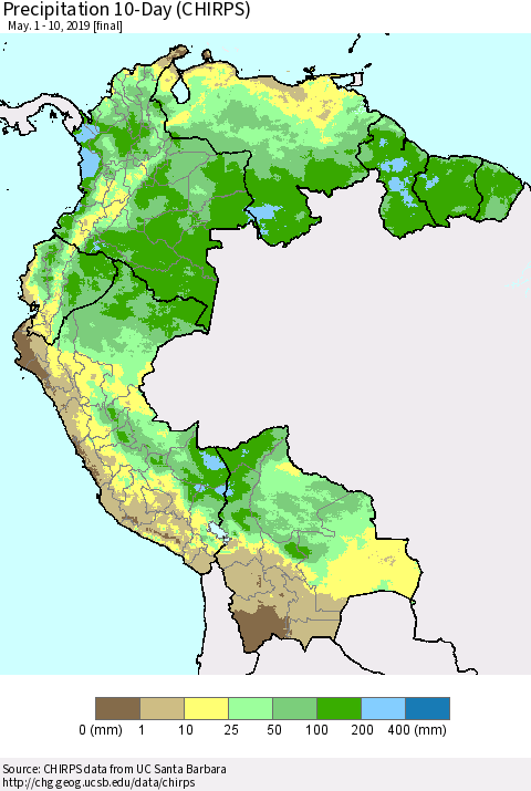 Northern South America Precipitation 10-Day (CHIRPS) Thematic Map For 5/1/2019 - 5/10/2019