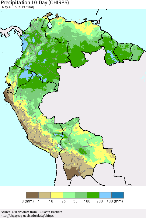 Northern South America Precipitation 10-Day (CHIRPS) Thematic Map For 5/6/2019 - 5/15/2019