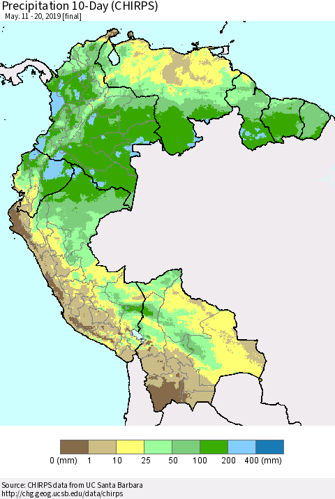 Northern South America Precipitation 10-Day (CHIRPS) Thematic Map For 5/11/2019 - 5/20/2019