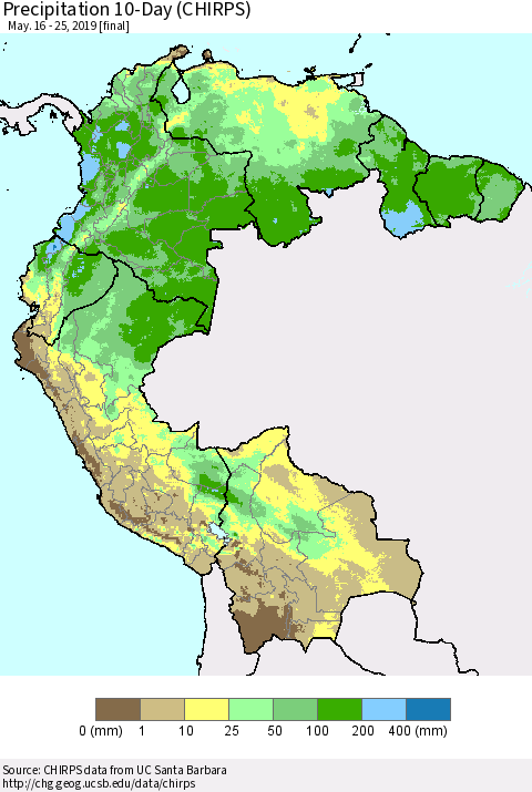 Northern South America Precipitation 10-Day (CHIRPS) Thematic Map For 5/16/2019 - 5/25/2019