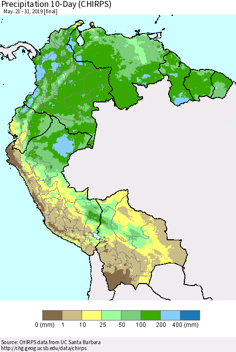 Northern South America Precipitation 10-Day (CHIRPS) Thematic Map For 5/21/2019 - 5/31/2019