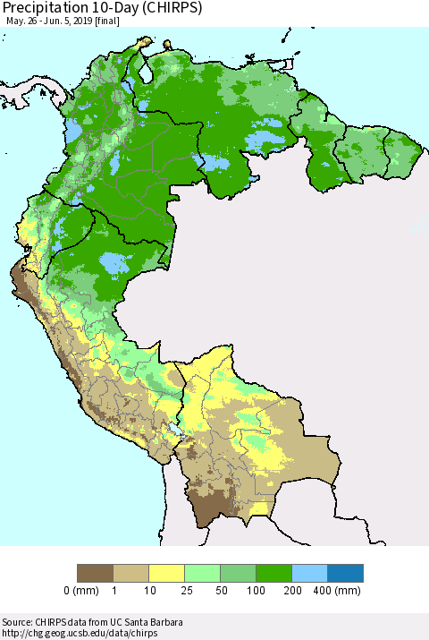 Northern South America Precipitation 10-Day (CHIRPS) Thematic Map For 5/26/2019 - 6/5/2019