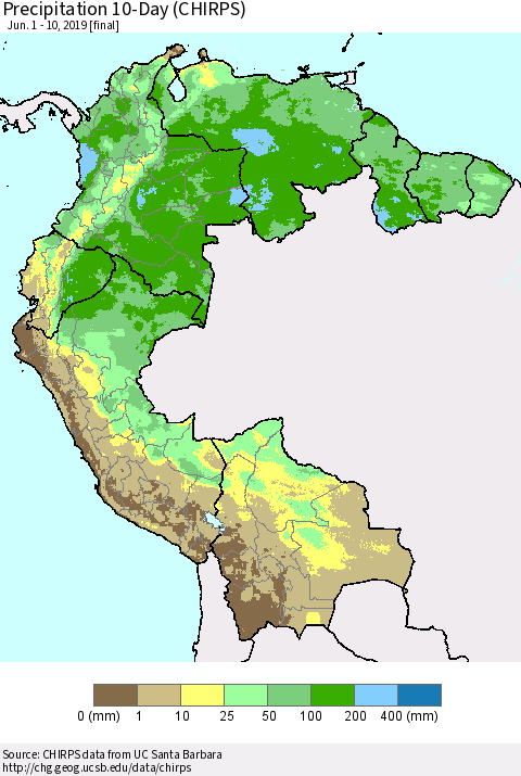 Northern South America Precipitation 10-Day (CHIRPS) Thematic Map For 6/1/2019 - 6/10/2019