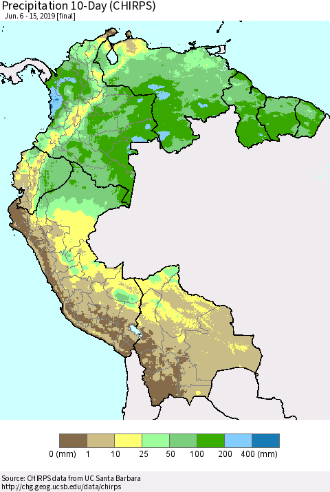 Northern South America Precipitation 10-Day (CHIRPS) Thematic Map For 6/6/2019 - 6/15/2019
