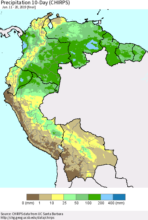 Northern South America Precipitation 10-Day (CHIRPS) Thematic Map For 6/11/2019 - 6/20/2019