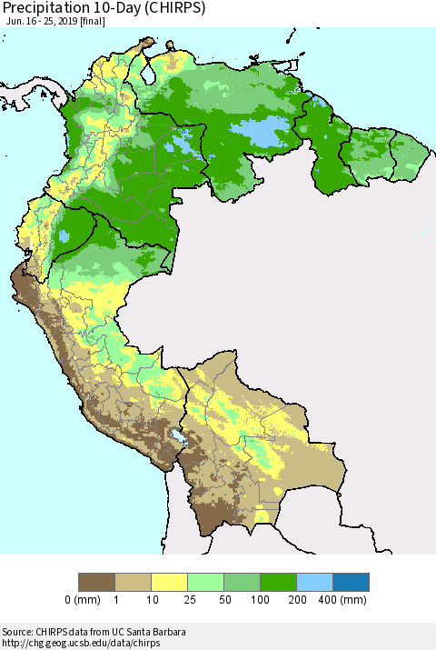 Northern South America Precipitation 10-Day (CHIRPS) Thematic Map For 6/16/2019 - 6/25/2019
