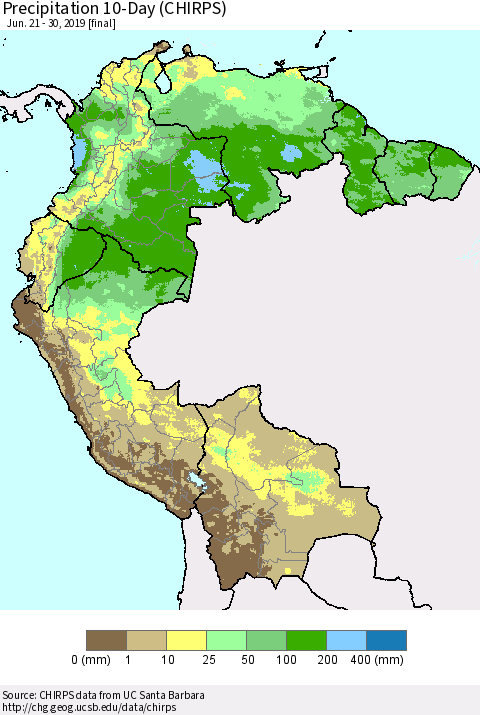 Northern South America Precipitation 10-Day (CHIRPS) Thematic Map For 6/21/2019 - 6/30/2019