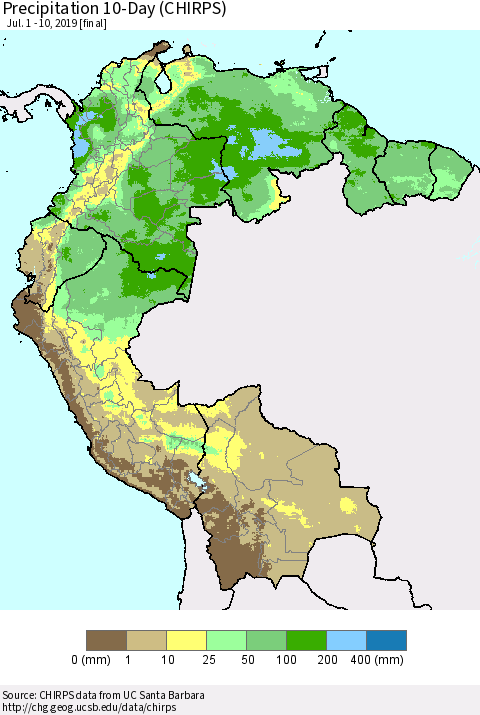 Northern South America Precipitation 10-Day (CHIRPS) Thematic Map For 7/1/2019 - 7/10/2019
