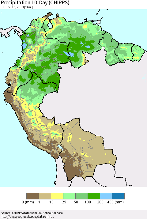 Northern South America Precipitation 10-Day (CHIRPS) Thematic Map For 7/6/2019 - 7/15/2019