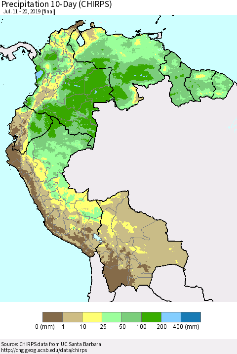 Northern South America Precipitation 10-Day (CHIRPS) Thematic Map For 7/11/2019 - 7/20/2019