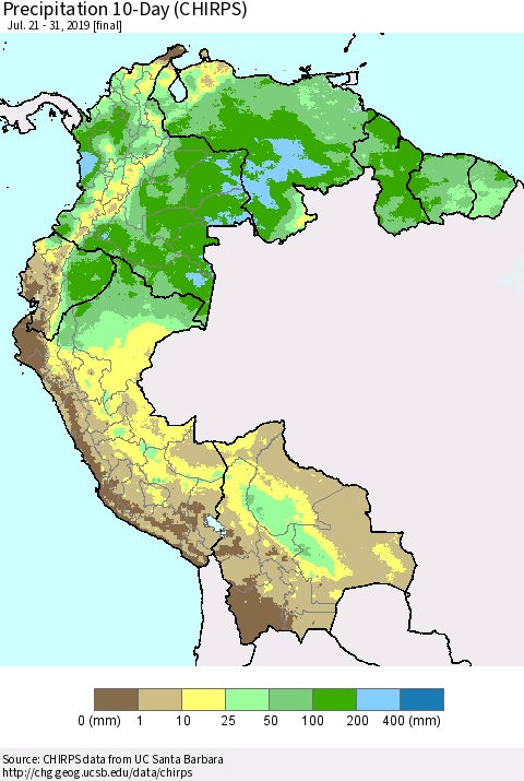 Northern South America Precipitation 10-Day (CHIRPS) Thematic Map For 7/21/2019 - 7/31/2019