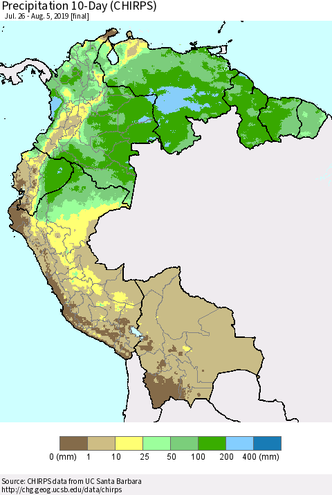Northern South America Precipitation 10-Day (CHIRPS) Thematic Map For 7/26/2019 - 8/5/2019