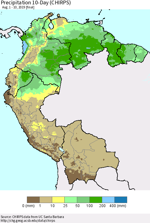 Northern South America Precipitation 10-Day (CHIRPS) Thematic Map For 8/1/2019 - 8/10/2019