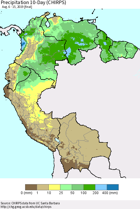 Northern South America Precipitation 10-Day (CHIRPS) Thematic Map For 8/6/2019 - 8/15/2019