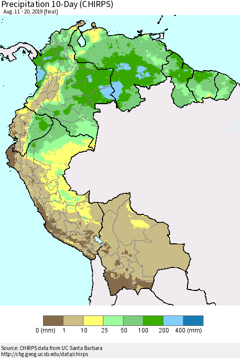 Northern South America Precipitation 10-Day (CHIRPS) Thematic Map For 8/11/2019 - 8/20/2019