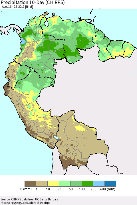 Northern South America Precipitation 10-Day (CHIRPS) Thematic Map For 8/16/2019 - 8/25/2019