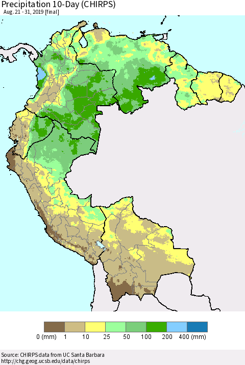 Northern South America Precipitation 10-Day (CHIRPS) Thematic Map For 8/21/2019 - 8/31/2019