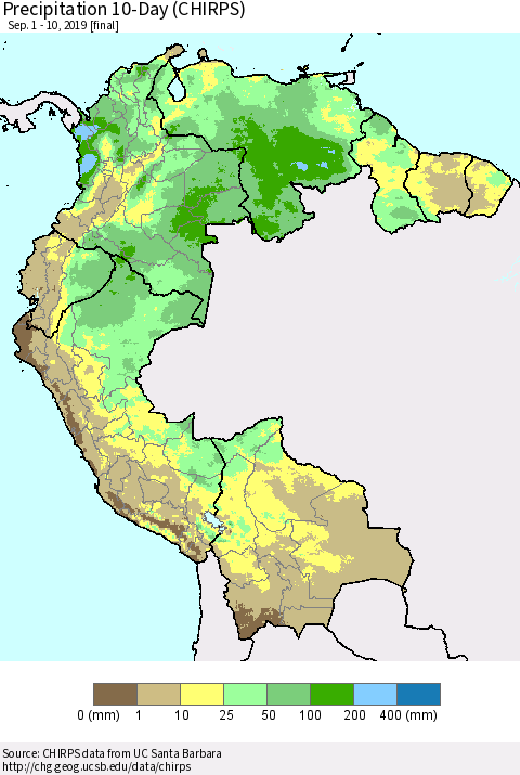 Northern South America Precipitation 10-Day (CHIRPS) Thematic Map For 9/1/2019 - 9/10/2019
