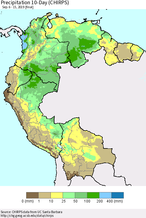 Northern South America Precipitation 10-Day (CHIRPS) Thematic Map For 9/6/2019 - 9/15/2019